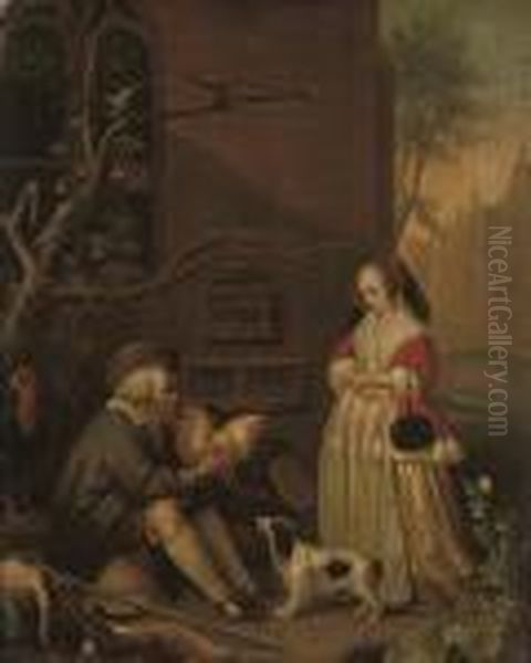 A Woman Buying Poultry From An Old Man Seated On A Barrel Oil Painting by Gabriel Metsu