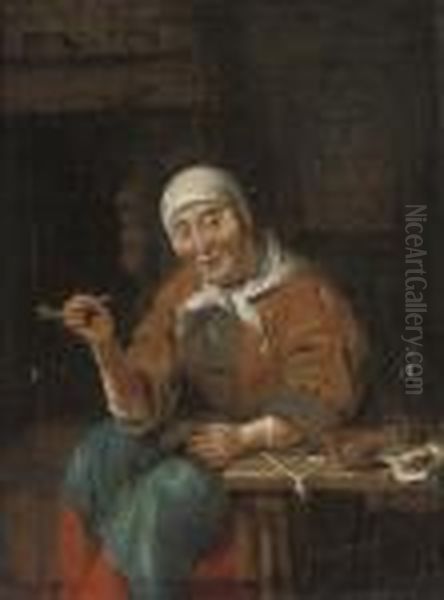 An Old Woman Seated At A Table, Smoking A Pipe, In An Interior Oil Painting by Gabriel Metsu