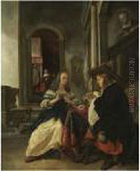 An Elegant Couple Playing Cards Oil Painting by Gabriel Metsu