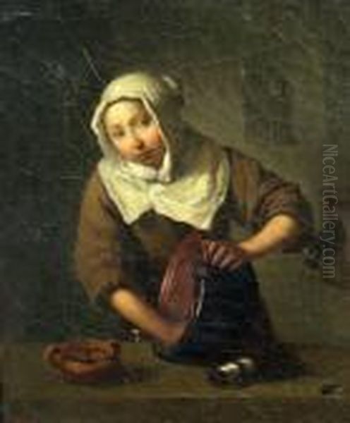 Woman Washing A Bowl In An Interior Oil Painting by Gabriel Metsu