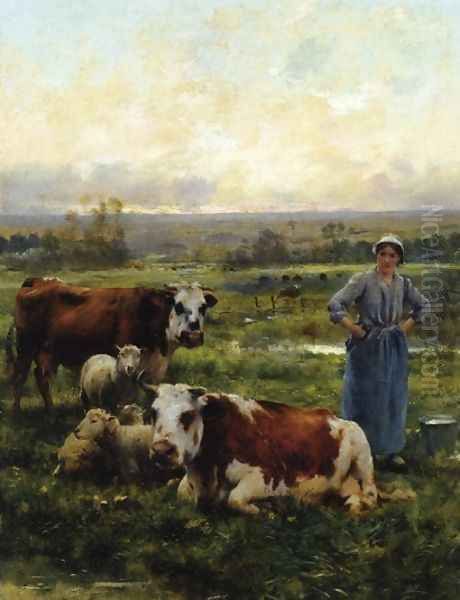 A Shepherdess with Cows and Sheep in a Landscape Oil Painting by Julien Dupre