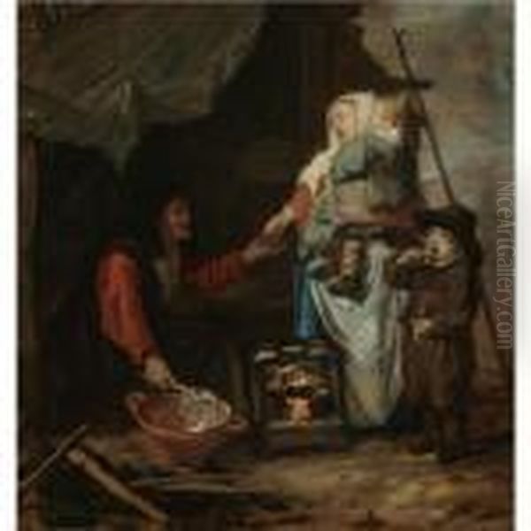 An Old Woman Selling Pancakes To A Mother With Children Oil Painting by Gabriel Metsu