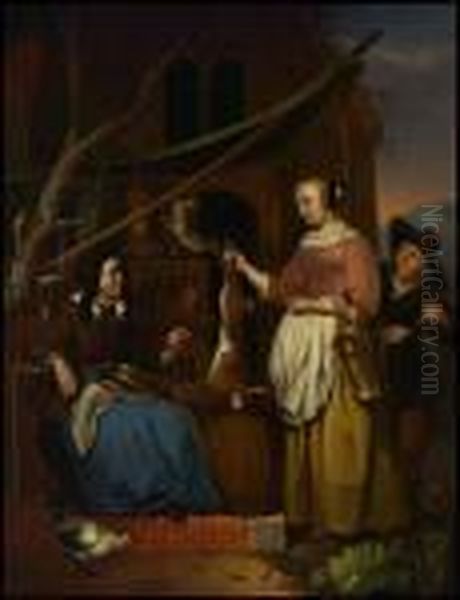 Woman Buying A Rabbit Oil Painting by Gabriel Metsu