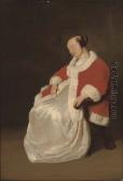 A Lady Asleep In A Chair, In A Red Coat With Ermine Trim Oil Painting by Gabriel Metsu