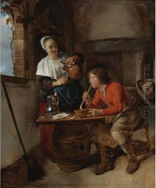 Young Woman Pouring Beer And A Young Man Smoking In An Interior Oil Painting by Gabriel Metsu