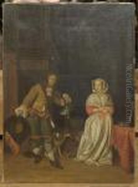 Donna Und Cacciatore. Oil Painting by Gabriel Metsu