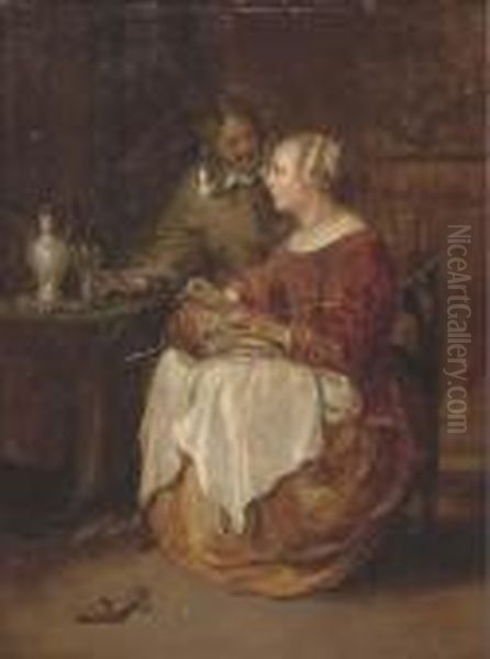 A Lady Sewing With A Gentleman In An Interior Oil Painting by Gabriel Metsu