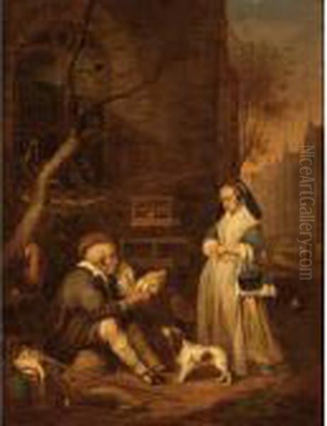 A Poulterer Selling A Chicken To An Elegant Lady Oil Painting by Gabriel Metsu