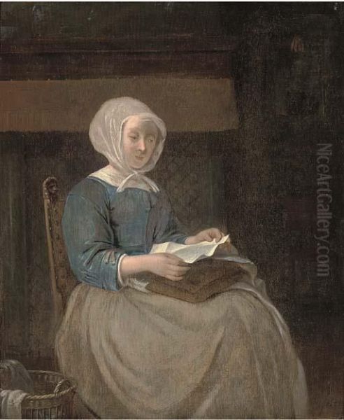 A Lady Seated In An Interior Reading A Letter Oil Painting by Gabriel Metsu