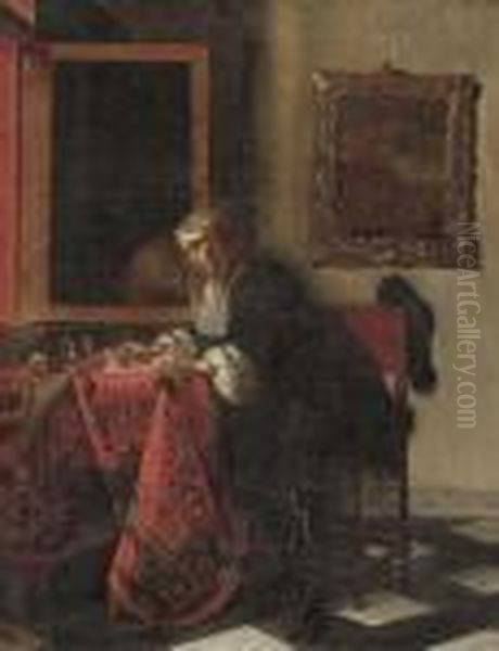 A Gentleman Writing A Letter In An Interior, By An Openwindow Oil Painting by Gabriel Metsu