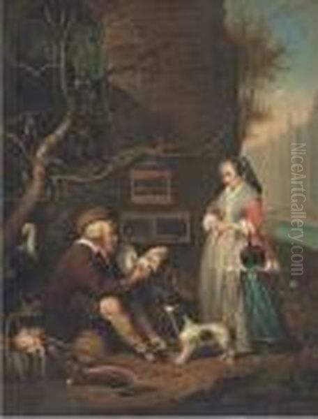 An Old Man Selling Poultry Oil Painting by Gabriel Metsu