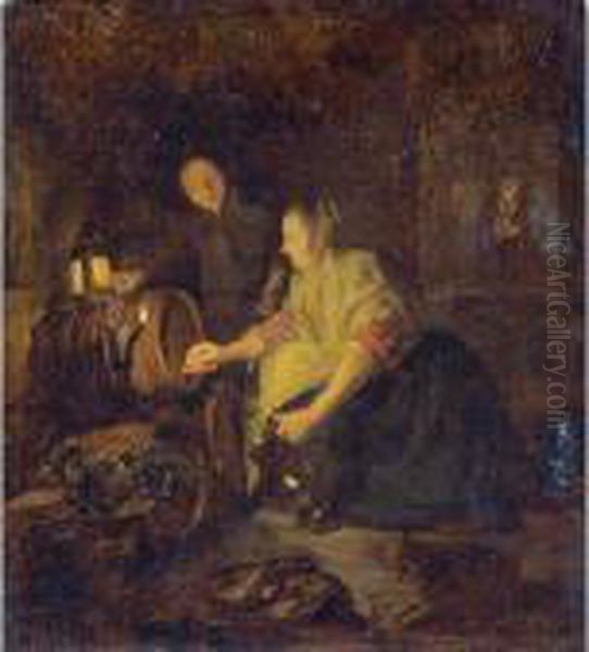 A Woman Drawing Wine From A Barrel Oil Painting by Gabriel Metsu