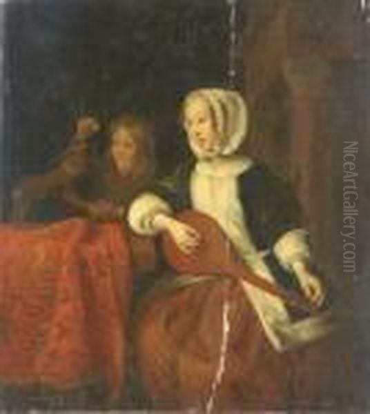 A Girl Playing A Mandolin And A Boy With A Dog Oil Painting by Gabriel Metsu