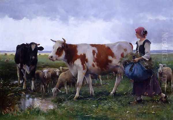 Peasant Woman With Cows & Sheep Oil Painting by Julien Dupre