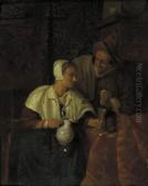 A Woman Seated By A Table Pouring Wine For A Man, In An Interior Oil Painting by Gabriel Metsu