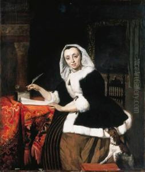 An Elegant Lady Writing At Her Desk, With A Dog Beside Her Oil Painting by Gabriel Metsu