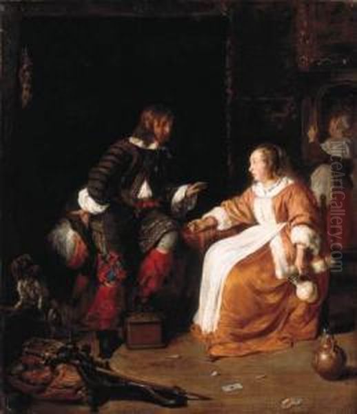 An Officer Paying Court To A Young Woman In An Interior Oil Painting by Gabriel Metsu