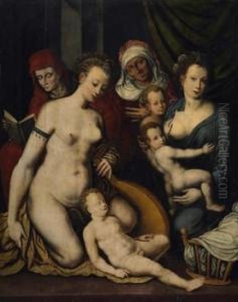 The Work At Hand Depicts An 
Allegory On The Triumph Above The Earthly Sexual Love (inacted Left)by 
The Theological Vitures Faith(fides), Hope (spes) And Charity (caritas). Oil Painting by Jan Massys