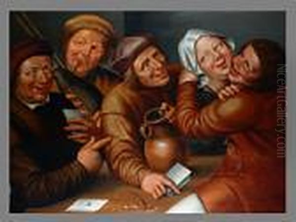 Lustige Gesellschaft Mit Sich Kussendem Paar Oil Painting by Jan Massys