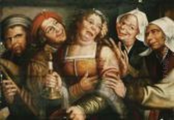 Peasants Carousing With A Woman Holding A Candle Oil Painting by Jan Massys