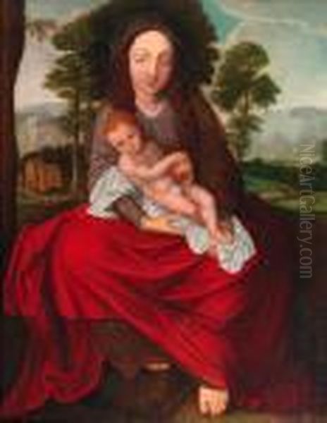 The Madonna And Child, A Landscape Beyond Oil Painting by Jan Massys