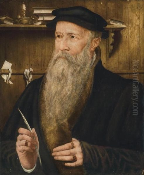 A Gentleman In His Study, Half-length, Wearing A Fur-trimmed Coat Oil Painting by Quinten Metsys