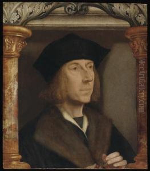 Portrait Of Gentleman, 
Bust-length, In A Fur-lined Coat, Telling A Rosary, Set In An 
Architectural Surround Oil Painting by Quinten Metsys