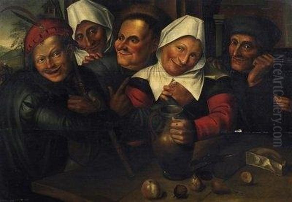 Amused Farmer Folk Around The Table Oil Painting by Quinten Metsys