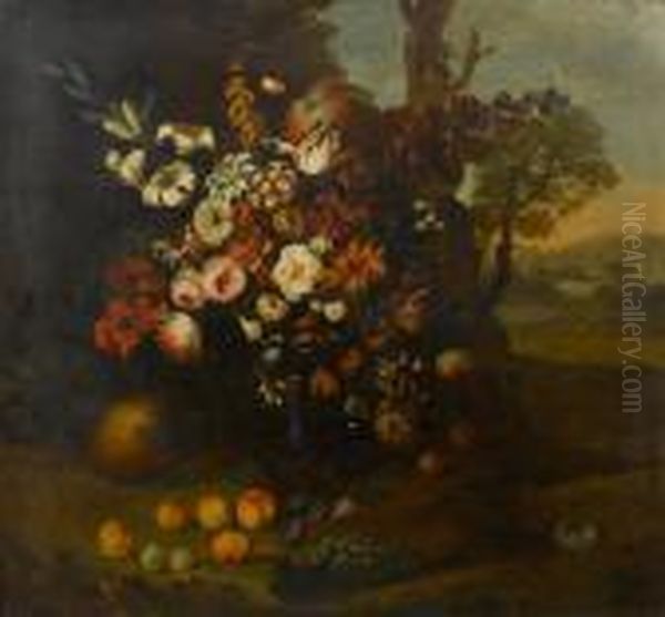 Roses, Peonies, Tulips, White 
Lilies In Aglass Vase With Peaches, Grapes, Plums, A Melon, A Pumpkin 
And Abird's Nest In A Landscape Oil Painting by Johann Martin Metz