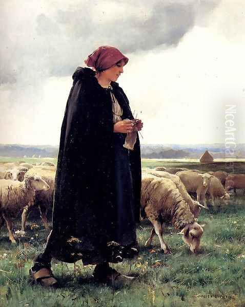 A Shepherdess With Her Flock I Oil Painting by Julien Dupre