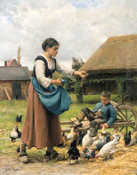 Feeding chicken Oil Painting by Julien Dupre