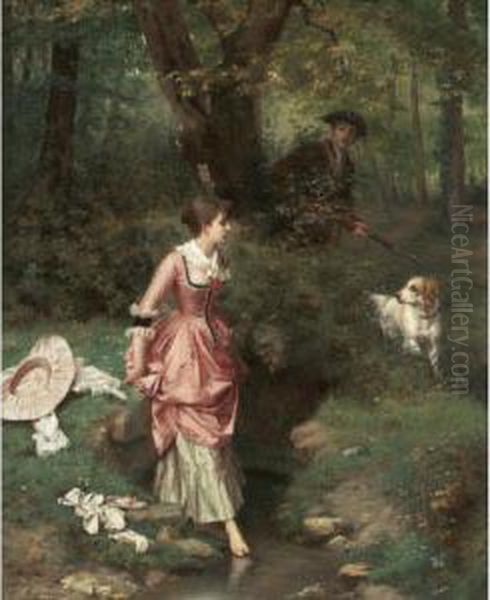 19th Century A Young Beauty Crossing A Brook A Hunter Beyond Oil Painting by Emile Pierre Metzmacher