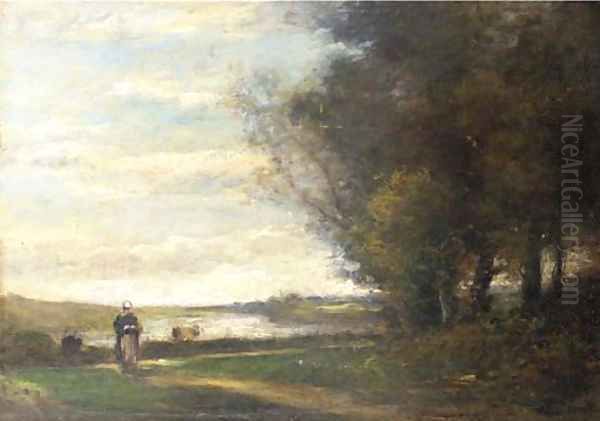 A woman on a track in a river landscape Oil Painting by Julien Dupre