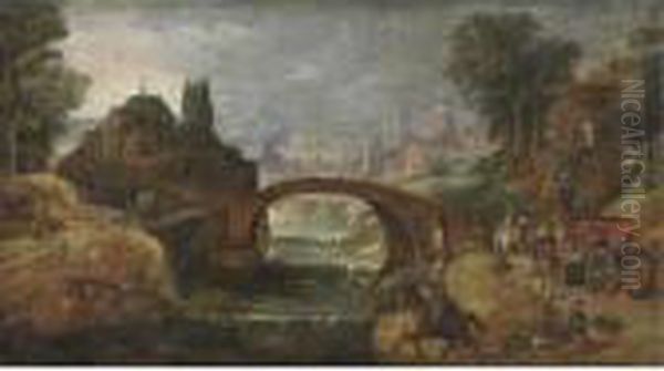 View Of The Outsksirts Of A Town With Elegant Travellers Along The Banks Of A River Oil Painting by Pieter Meulenaer