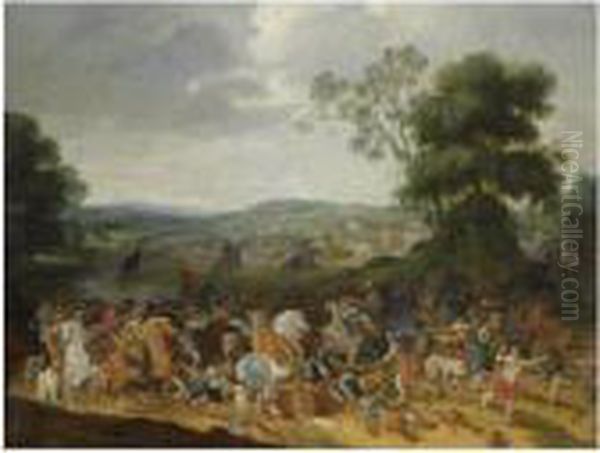 A Cavalry Battle Scene In A Hilly Landscape Oil Painting by Pieter Meulenaer