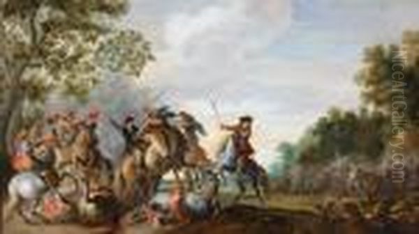 A Cavalryengagement Oil Painting by Pieter Meulenaer