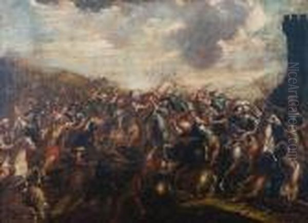 The Fight For The Standard, 
Turkish Andeuropean Armies Outside A Fortified City; Cavalry Skirmish, 
Shipsat Sea In The Distance Oil Painting by Pieter Meulenaer