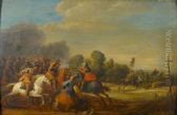 A Battle Scene With Soldiers On Horseback Oil Painting by Pieter Meulenaer