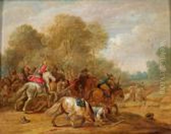 Battaglia Di Cavalieri In Un Paesaggio Boschivo Oil Painting by Pieter Meulenaer