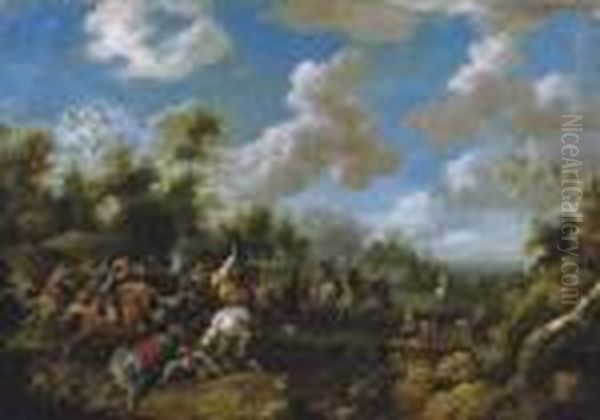 A Cavalry Skirmish In A Wooded Landscape Oil Painting by Pieter Meulenaer