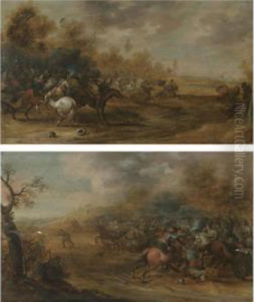 A Pair Of Cavalry Battles Oil Painting by Pieter Meulenaer