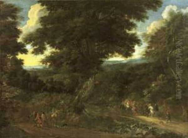 A Wooded Landscape With Travellers On Horseback Oil Painting by Pieter Meulenaer