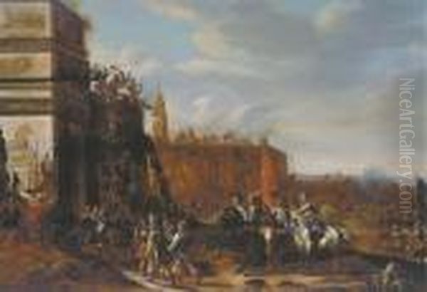 Soldiers Holding Siege At The Gates Of A Fortified Town, A Battlefield Beyond Oil Painting by Pieter Meulenaer