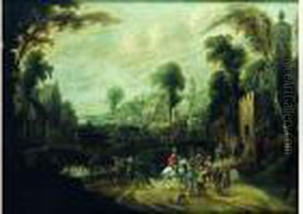 Soldats Et Cavaliers Entrant Dans Une Ville Fortifiee Oil Painting by Pieter Meulenaer