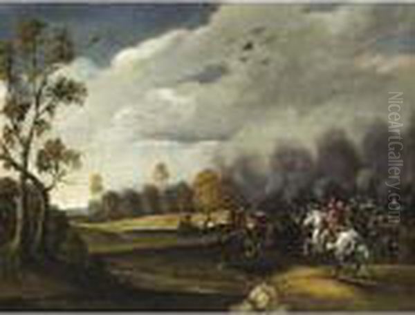 A Cavalry Battle Scene Oil Painting by Pieter Meulenaer