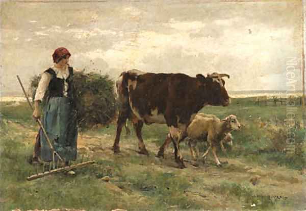 Shepherdess with a Cow and Sheep on a Path Oil Painting by Julien Dupre