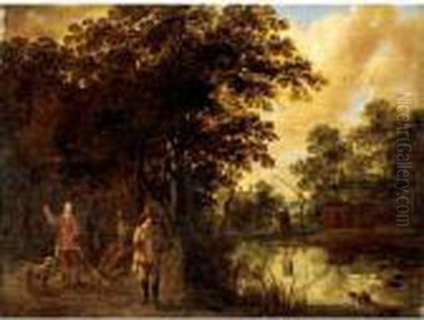 A River Landscape With Three Huntsmen With Their Dogs Oil Painting by Pieter Meulenaer