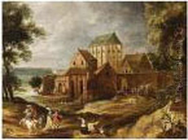 A Landscape With A Falcon Hunting Party Returning Outside The Walls Of A Town Oil Painting by Pieter Meulenaer