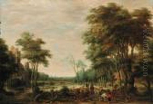 A Wooded Landscape With Travellers And Sportsmen On A Track, A Townbeyond Oil Painting by Pieter Meulenaer