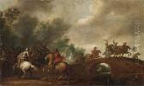 A Cavalry Skirmish On The Outskirts Of A Wood By A Bridge Oil Painting by Pieter Meulenaer